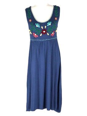Boho Cottage Floral Embroidered Dress Size M by Caite Crewel Floral Blue Sleevel